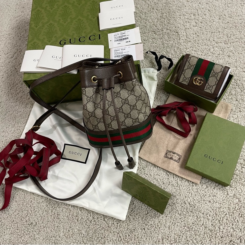 MINT! Authentic GUCCI Web GG Monogram OPHIDIA Bucket Bag PURSE & WALLET Set
